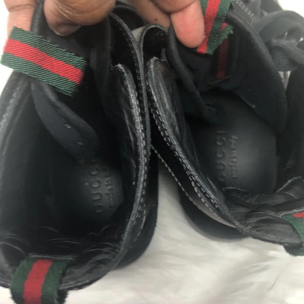 Gucci Leather High Top Strap Sneakers Men’s Size 7G Black Web Trim Italy